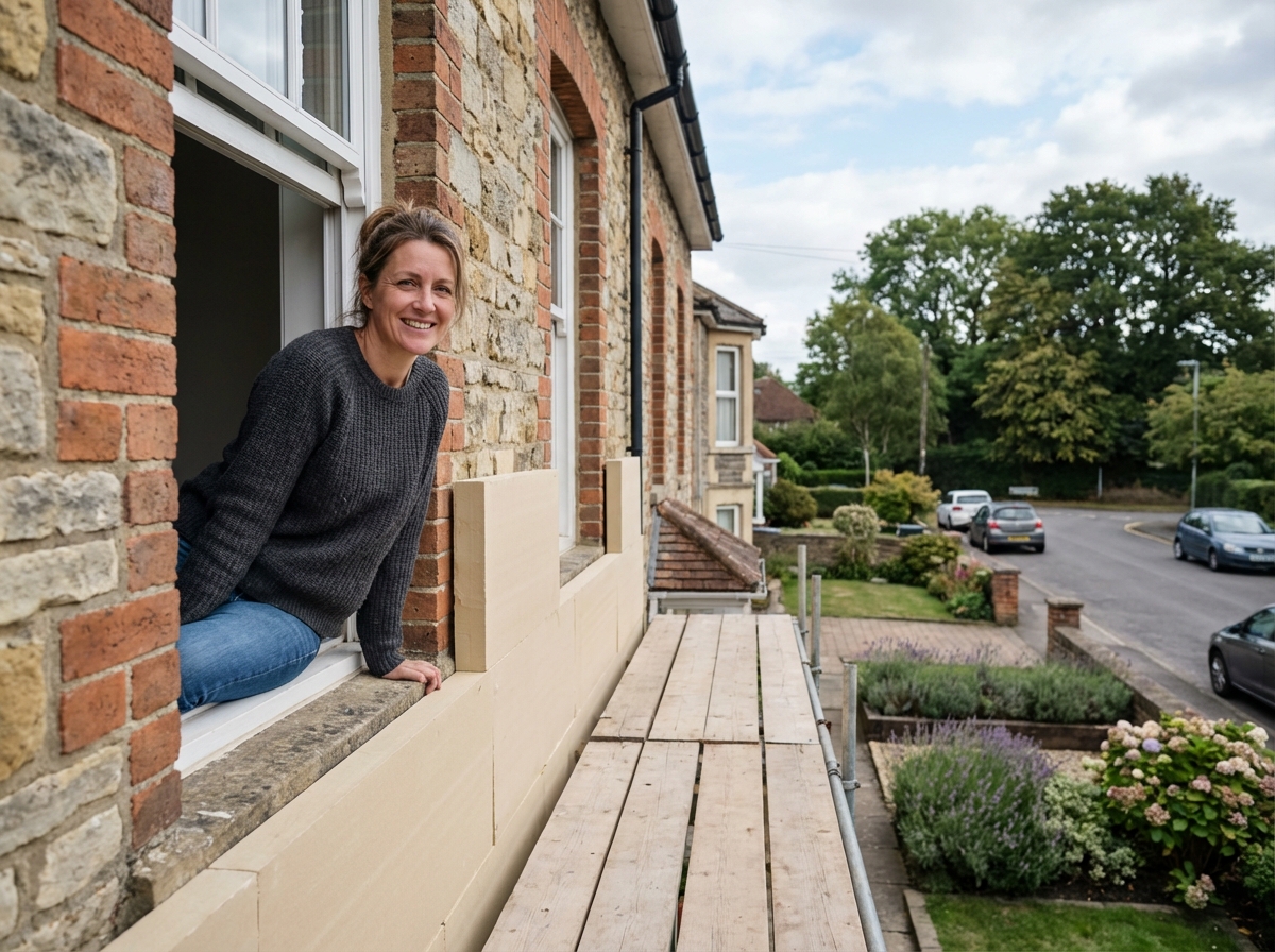 Femme souriante observant la rénovation de la façade de sa maison