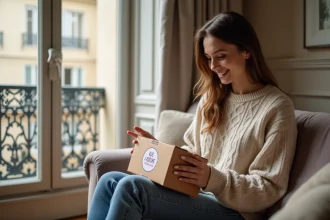 Jeune femme déballant la boxe Que J'adore Paris dans un salon élégant