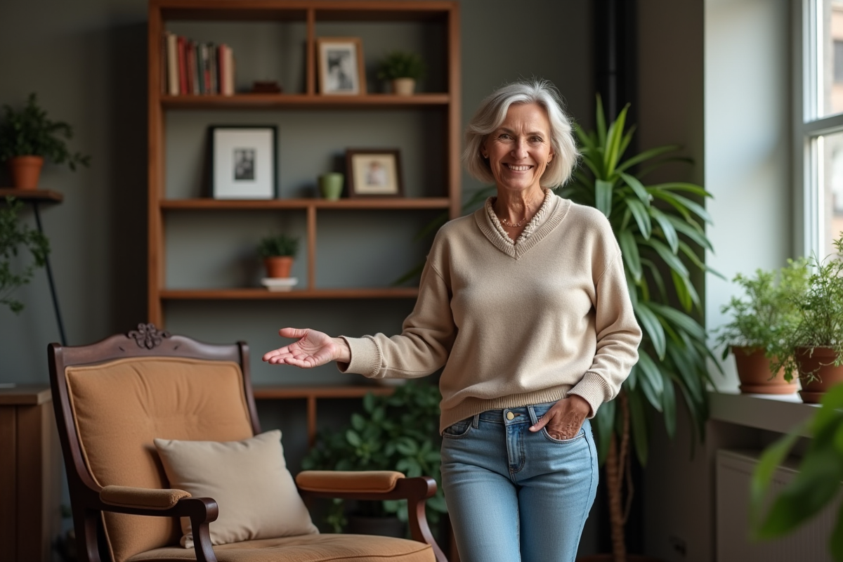 Femme souriante dans un salon vintage et cosy