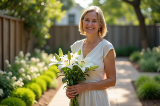 Femme souriante tenant un bouquet de lys blancs en été