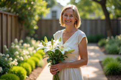 Femme souriante tenant un bouquet de lys blancs en été