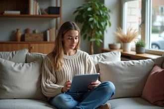 Femme assise sur un canapé avec une tablette dans un salon moderne