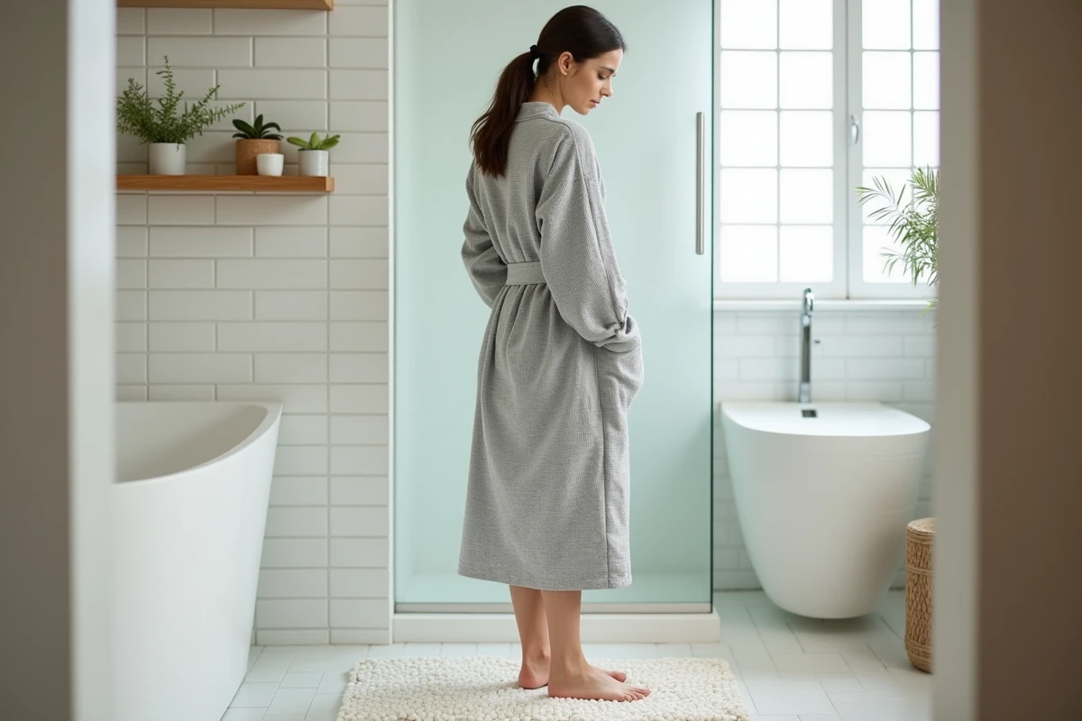 Femme en peignoir debout sur un tapis en pierre de diatomite dans une salle de bain bien aménagée