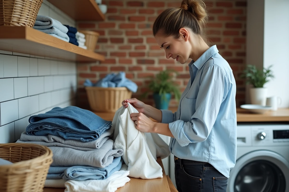 Femme triant du linge à côté d'une machine à laver Valberg, lisant les étiquettes de soin avant de choisir le programme