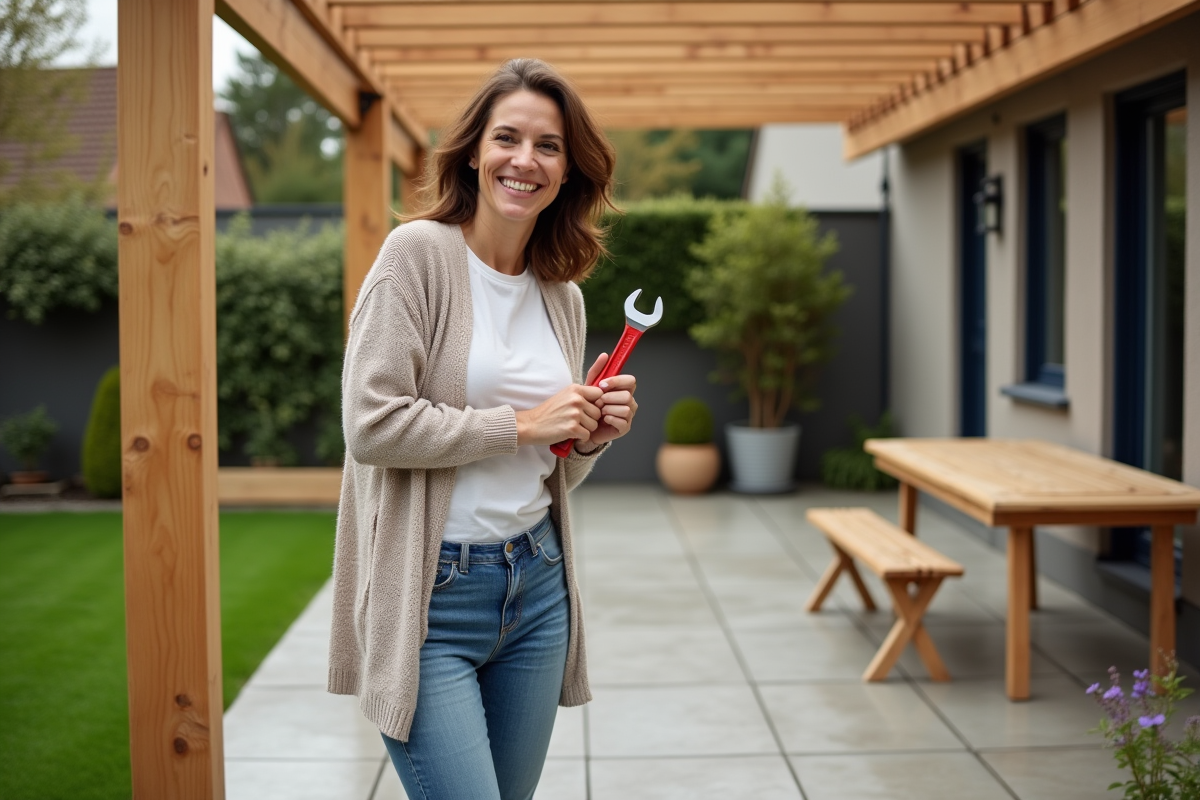 Femme souriante vérifiant la fixation d