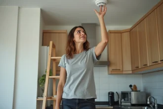 Femme vérifiant un détecteur de fumée au plafond dans une cuisine moderne