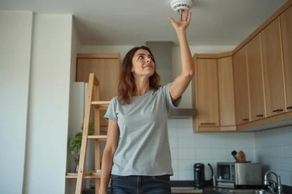Femme vérifiant un détecteur de fumée au plafond dans une cuisine moderne