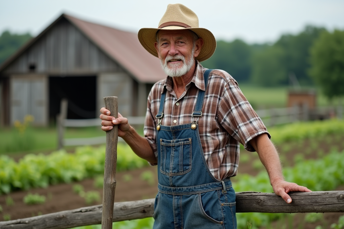 Paysage rural avec fermier âgé et clôture