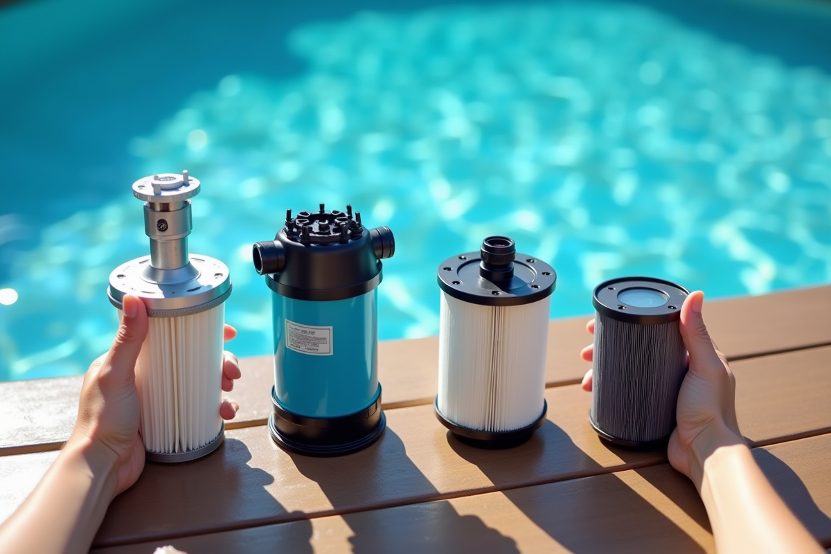 Mains tenant quatre filtres de piscine sur un deck en bois