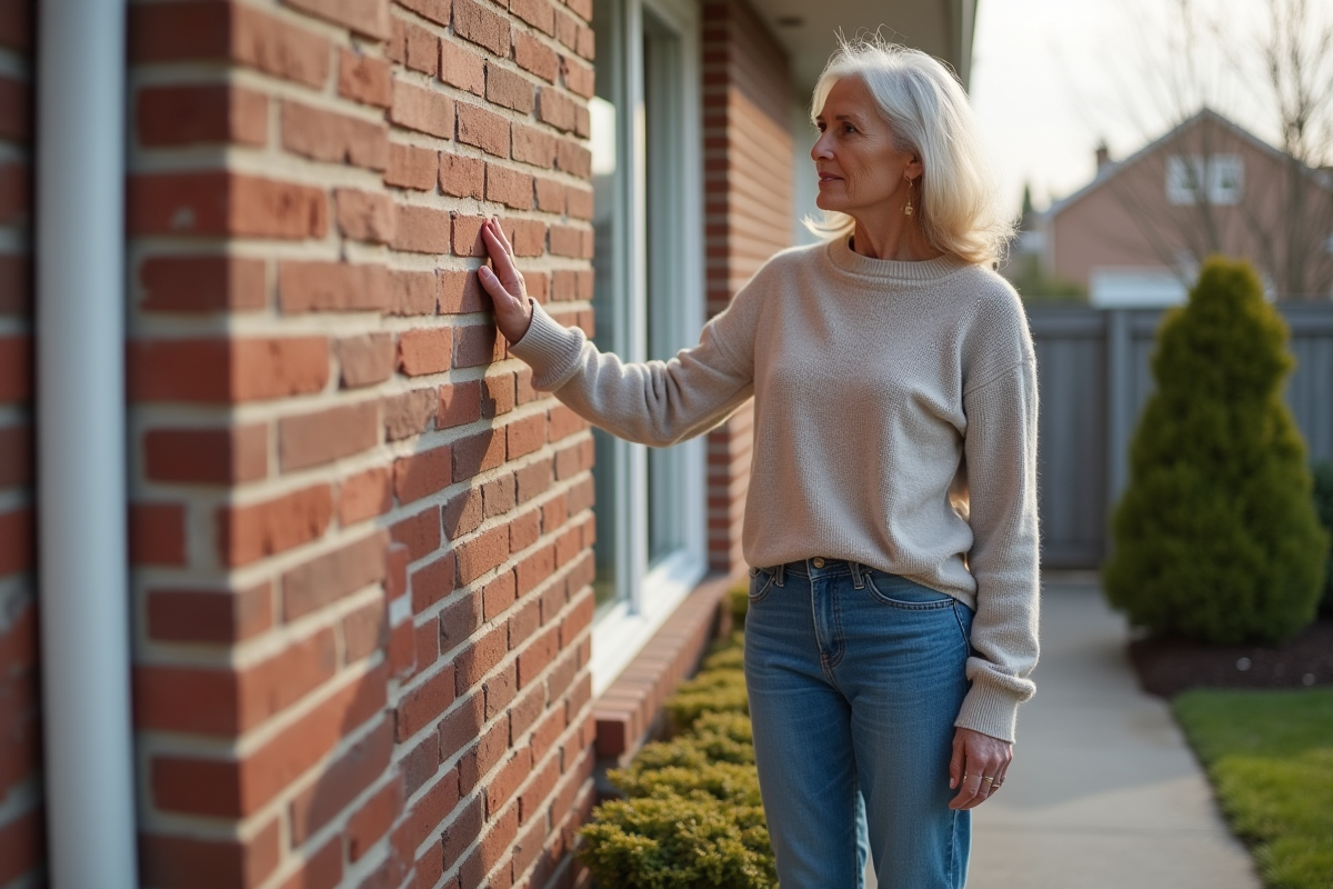Femme observant une fissure sur le mur extérieur de la maison