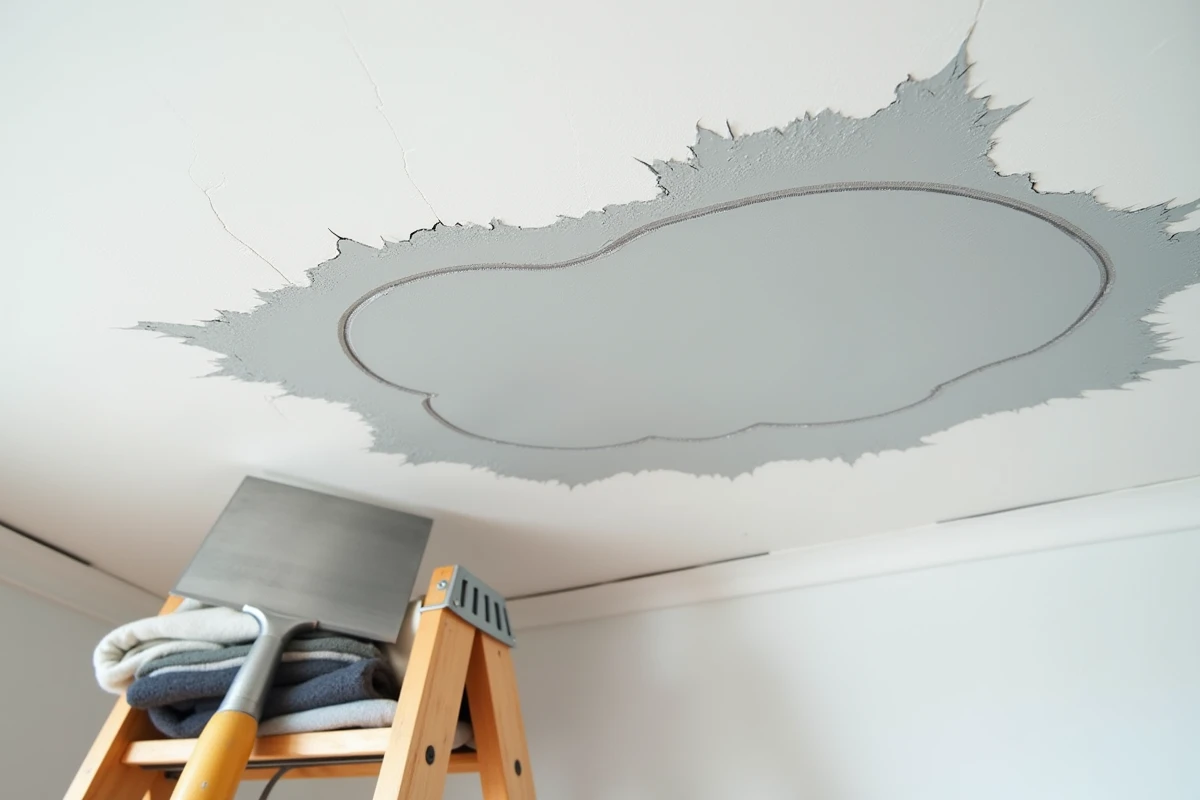 Gros plan sur une fissure de plafond réparée avec enduit et bande armée, outils de plâtrier posés sur un escabeau en bois au premier plan
