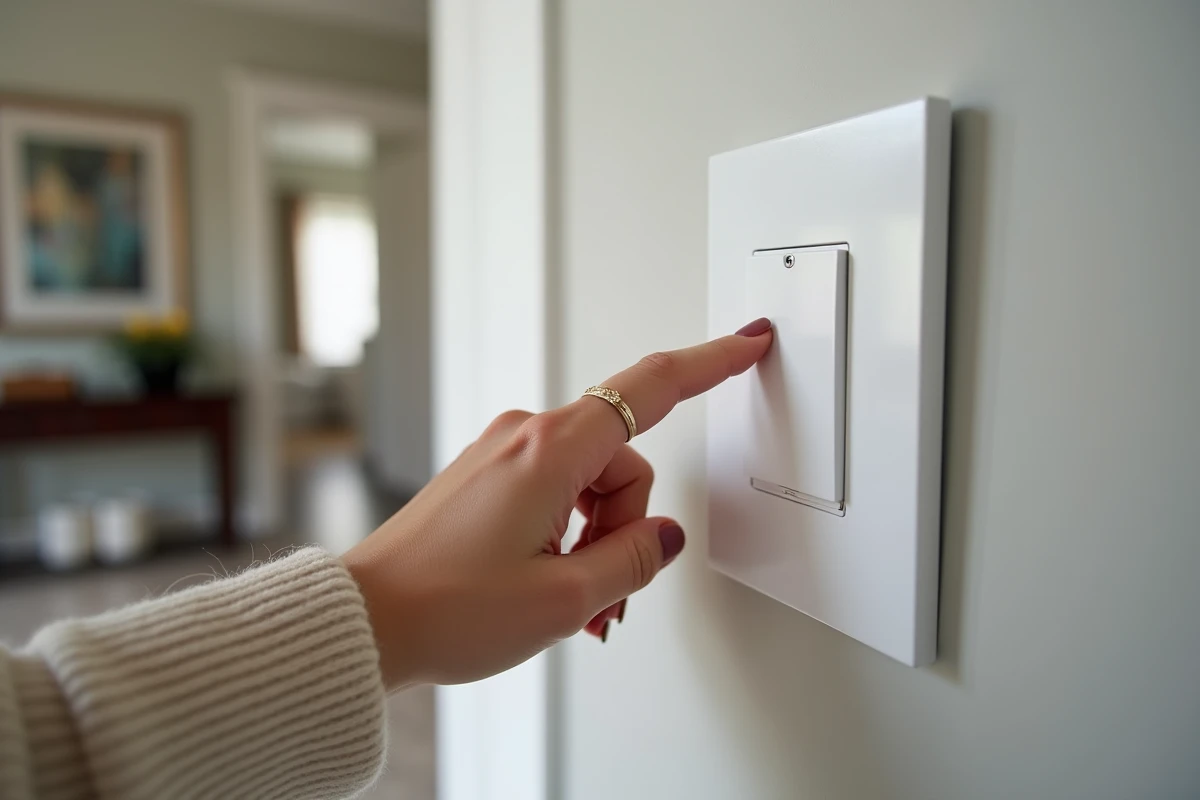 Gros plan d'une main féminine actionnant un bouton poussoir Legrand encastré dans un mur gris de couloir résidentiel