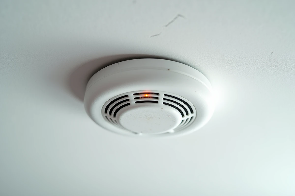 Gros plan sur un détecteur de fumée au plafond avec voyant LED allumé