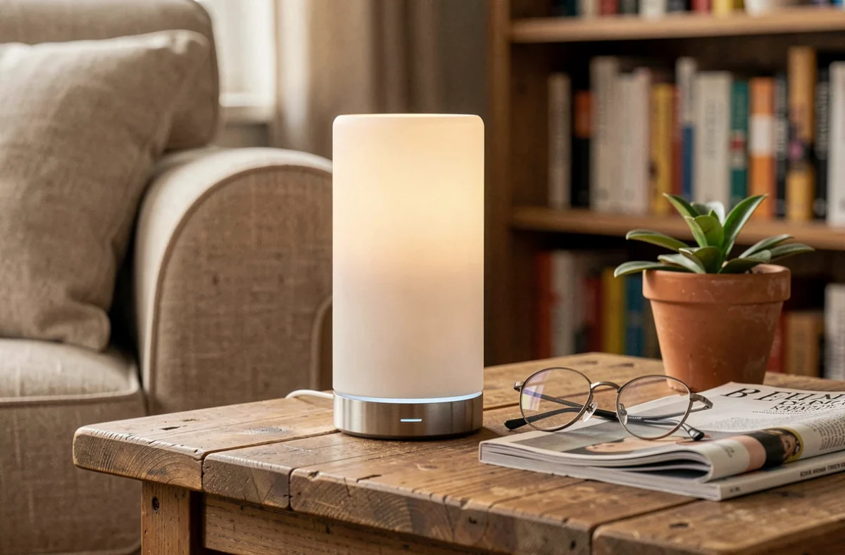 Gros plan d'une lampe tactile LED rechargeable posée sur une table en chêne avec des lunettes de lecture et un magazine