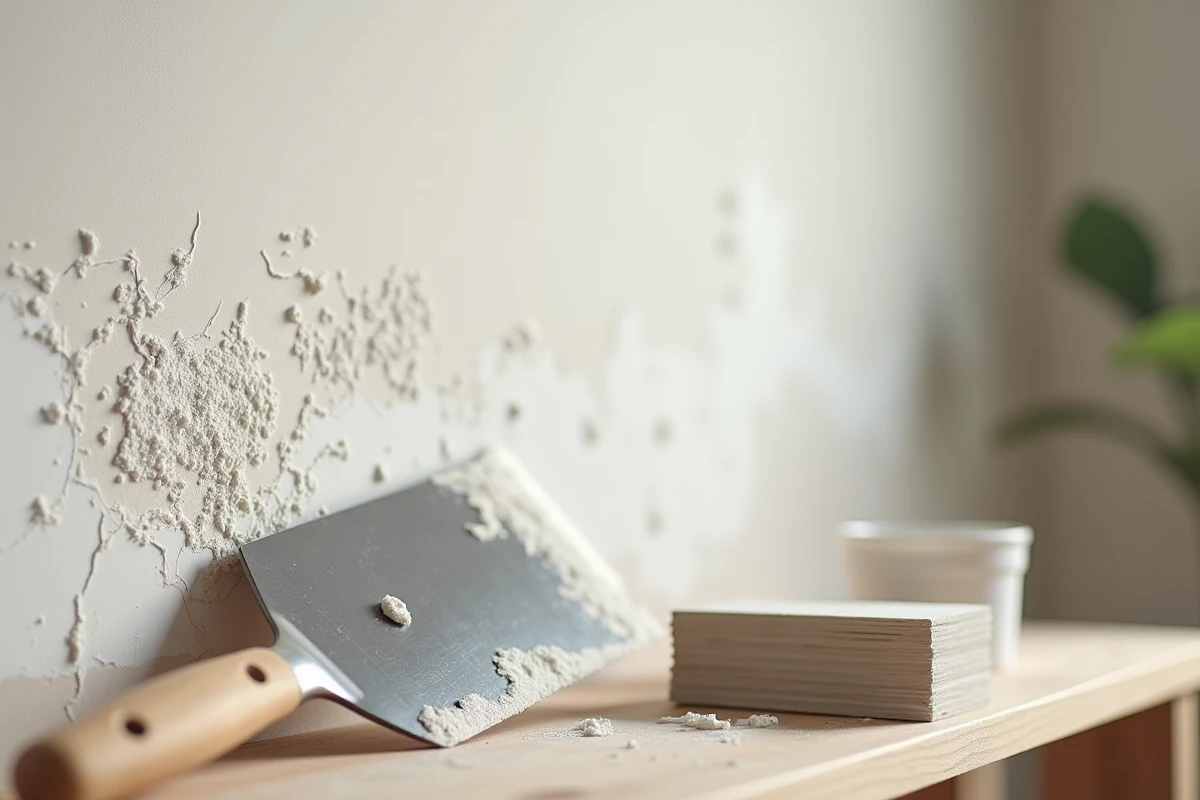 Gros plan sur un mur avec enduit de rebouchage appliqué sur des fissures, spatule métallique et papier de verre visibles en préparation