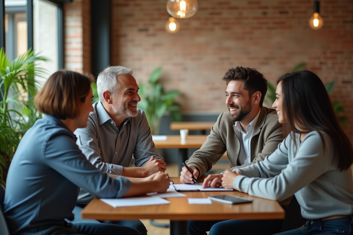 Groupe de collègues discutant dans un espace convivial