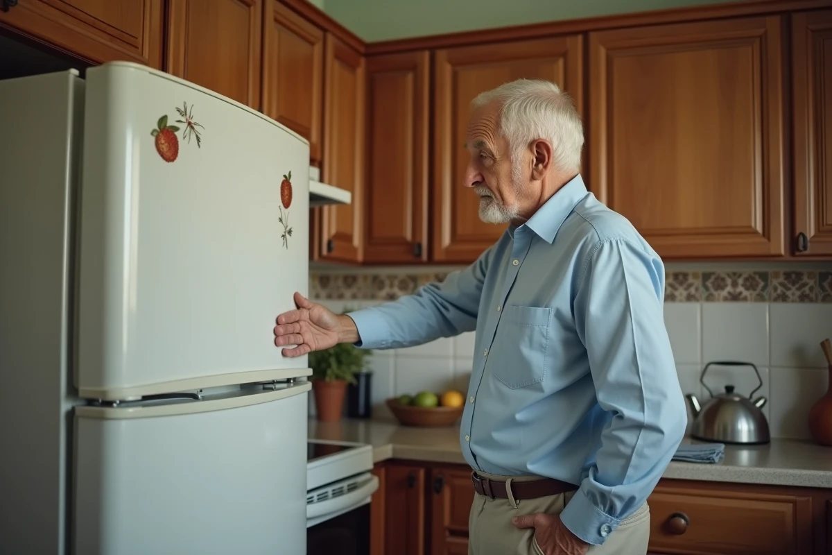 Homme âgé ferme doucement la porte du frigo dans la cuisine