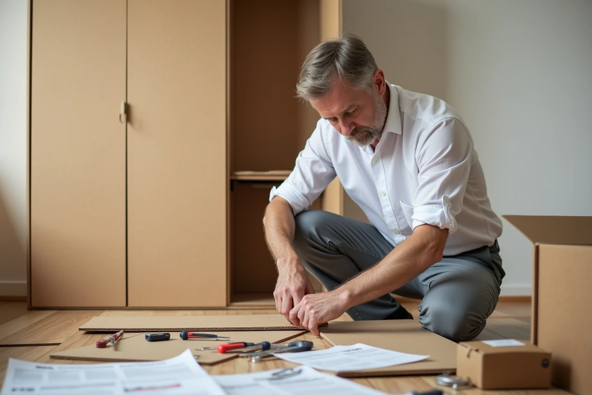 Homme assemblant un meuble de rangement en DIY