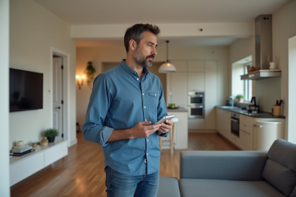 Homme parlant à un assistant numérique dans un salon moderne