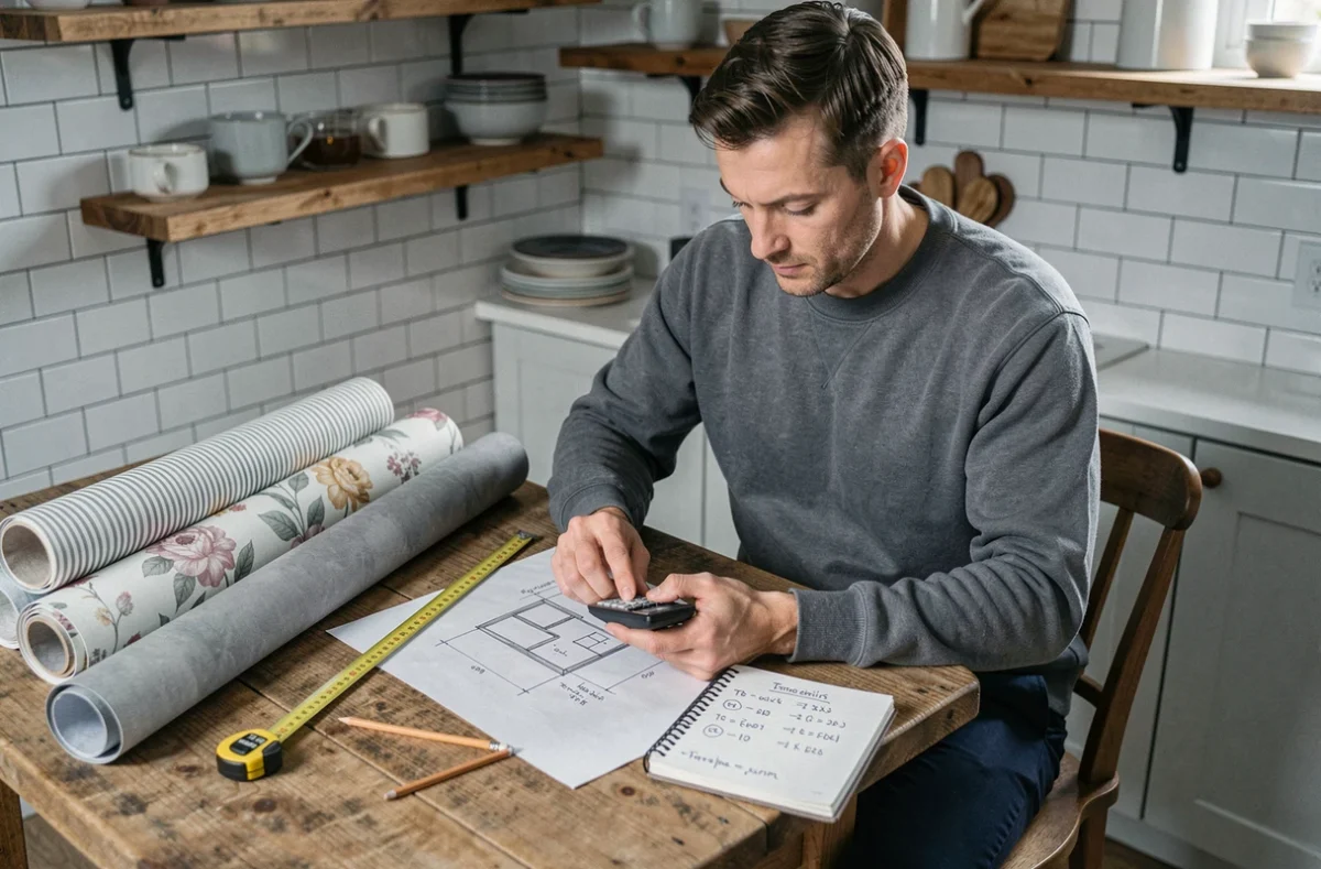 Homme calculant le nombre de rouleaux de papier peint nécessaires pour une pièce de 10m² avec des échantillons et une calculatrice sur une table