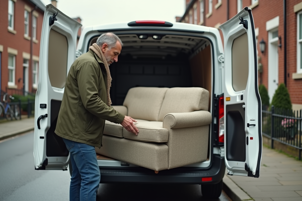 Jeune homme chargeant un canapé dans une camionnette