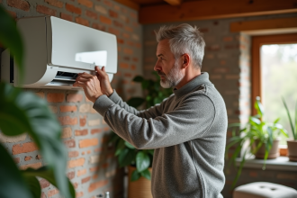 Homme d'âge moyen ajustant une pompe à chaleur moderne dans un salon écologique