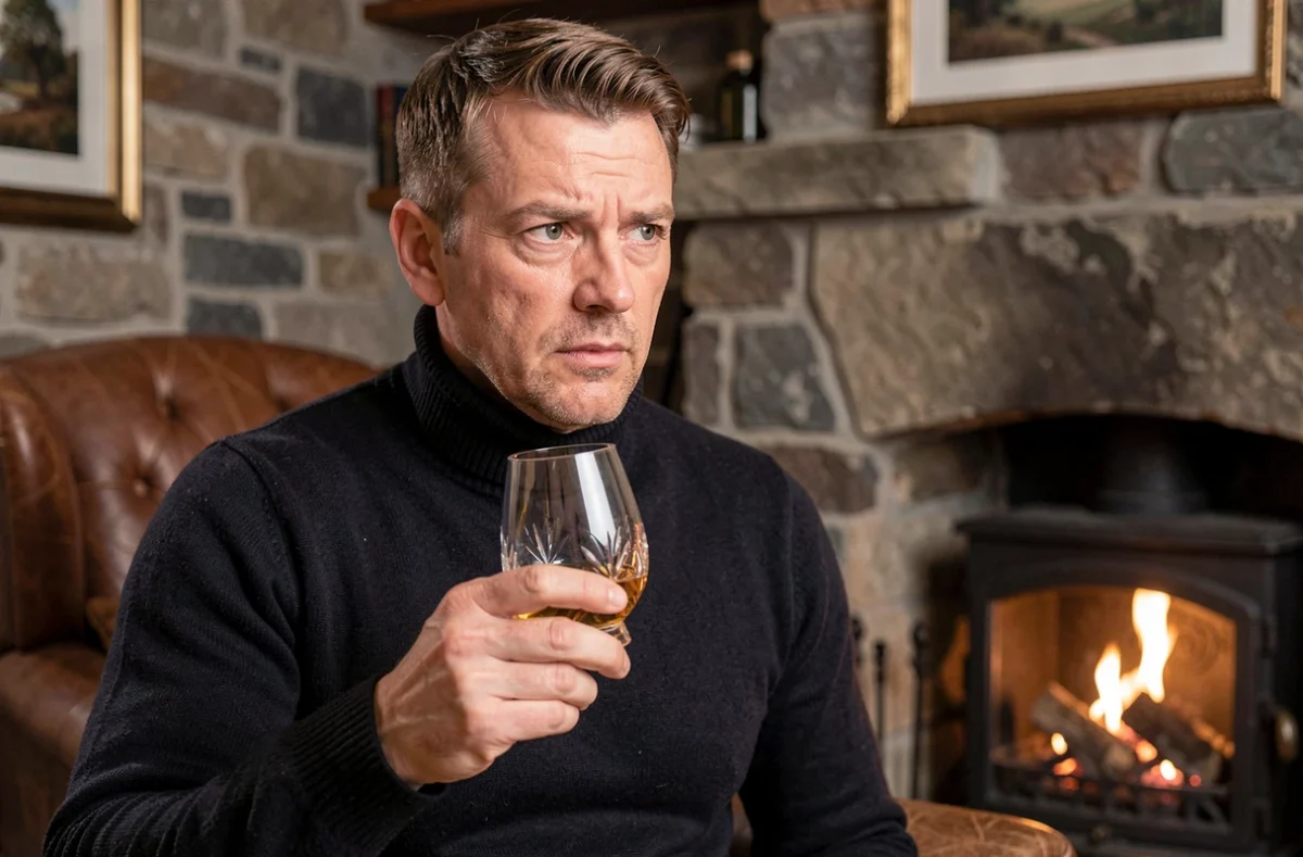 Homme tenant un verre Glencairn en cristal rempli de whisky tourbé dans un salon écossais cosy avec cheminée en arrière-plan