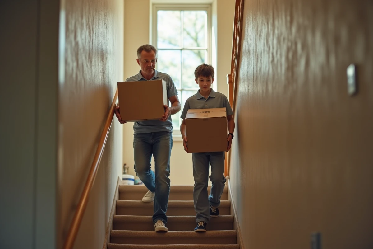 Homme et adolescent portant une grande boîte dans un escalier