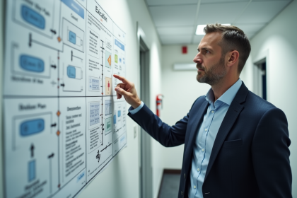 Homme d affaires étudie un plan d evacuation au bureau