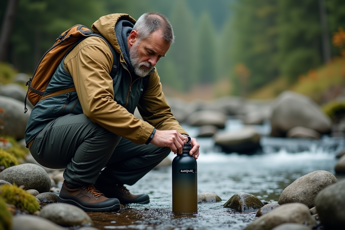 Homme remplissant une bouteille filtrante au bord d
