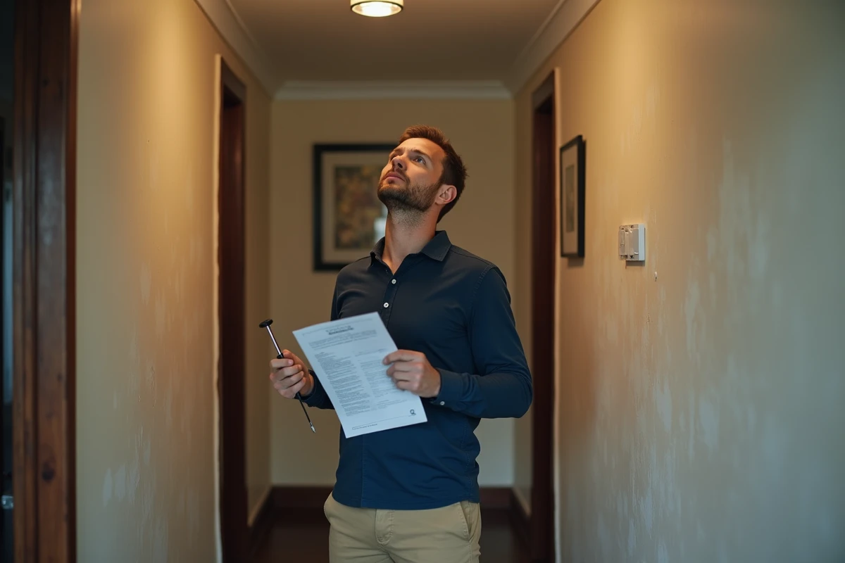 Homme inspecte un détecteur de fumée dans le couloir d'un appartement avec manuel et tournevis