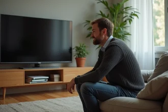 Homme d'âge moyen inspectant une télévision moderne dans un salon chaleureux