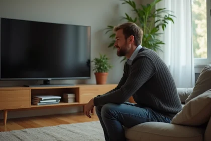 Homme d'âge moyen inspectant une télévision moderne dans un salon chaleureux