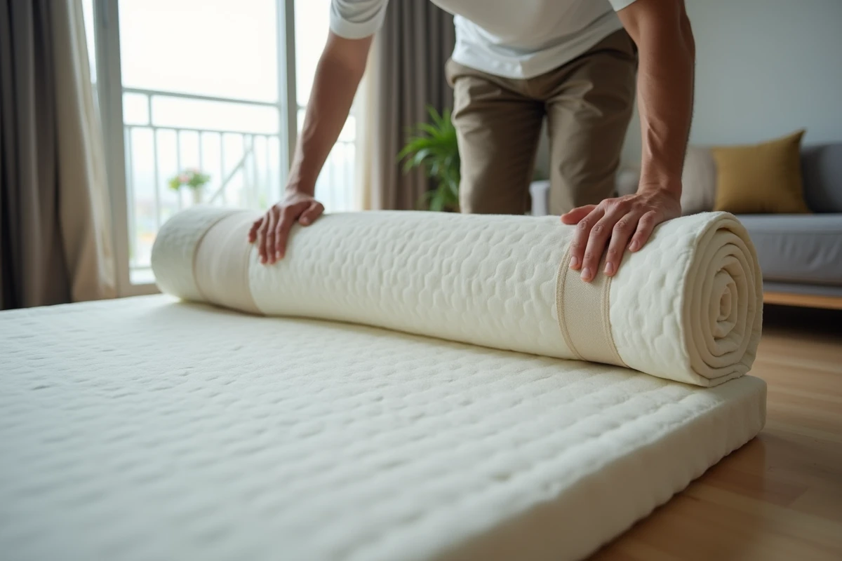Homme japonais roulant un matelas latex dans un salon moderne