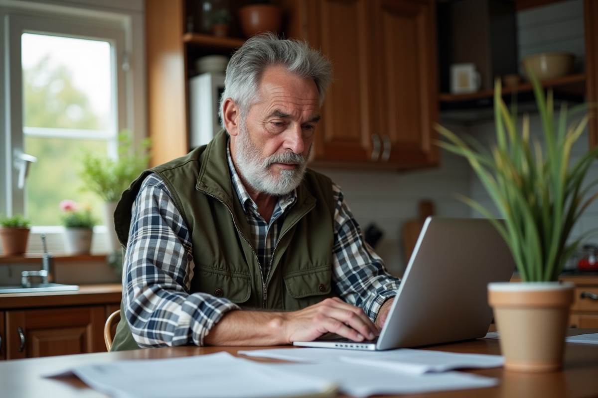 Homme senior travaillant sur ses documents de jardinage à la cuisine