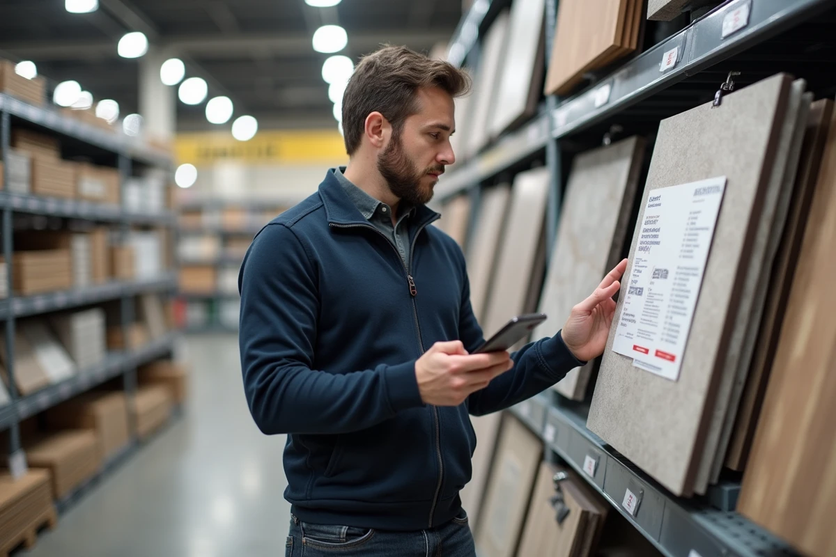Homme en magasin Leroy Merlin comparant son plan numérique sur smartphone avec des échantillons de carrelage pour préparer ses achats