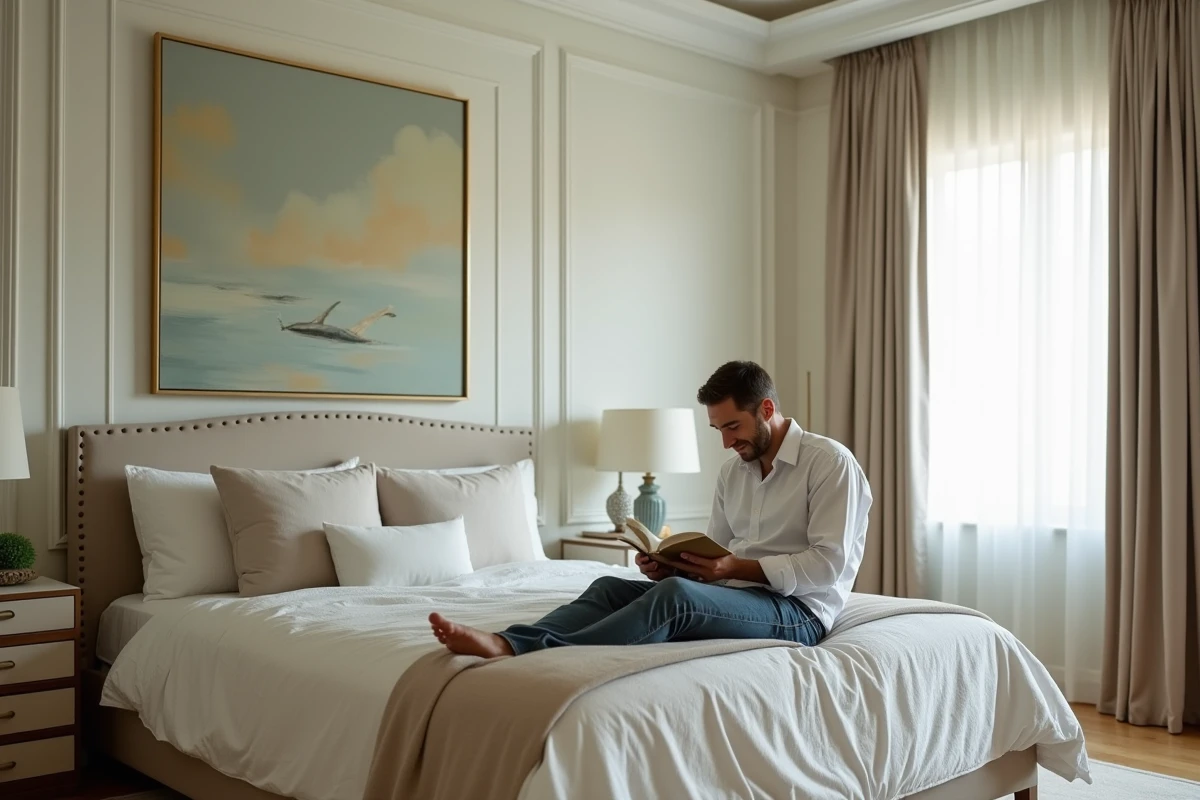 Homme lisant dans une chambre lumineuse et élégante