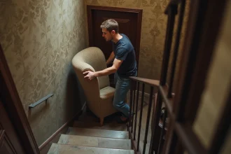 Homme d'âge moyen manœuvrant un fauteuil dans un escalier parisien