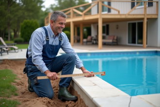 Homme en overalls bleus mesure la profondeur de la piscine