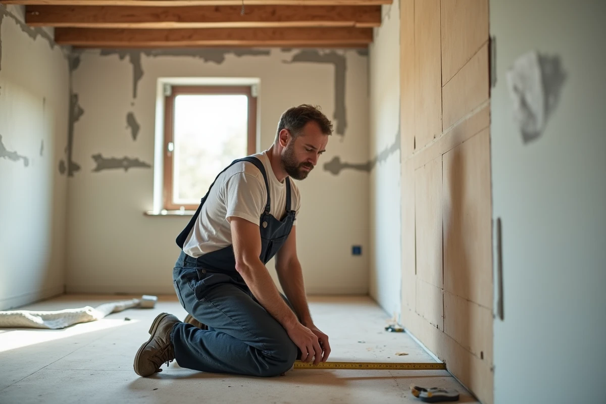 Homme mesure une plaque de platre lors d