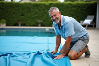 Homme souriant en train de fixer la couverture de la piscine