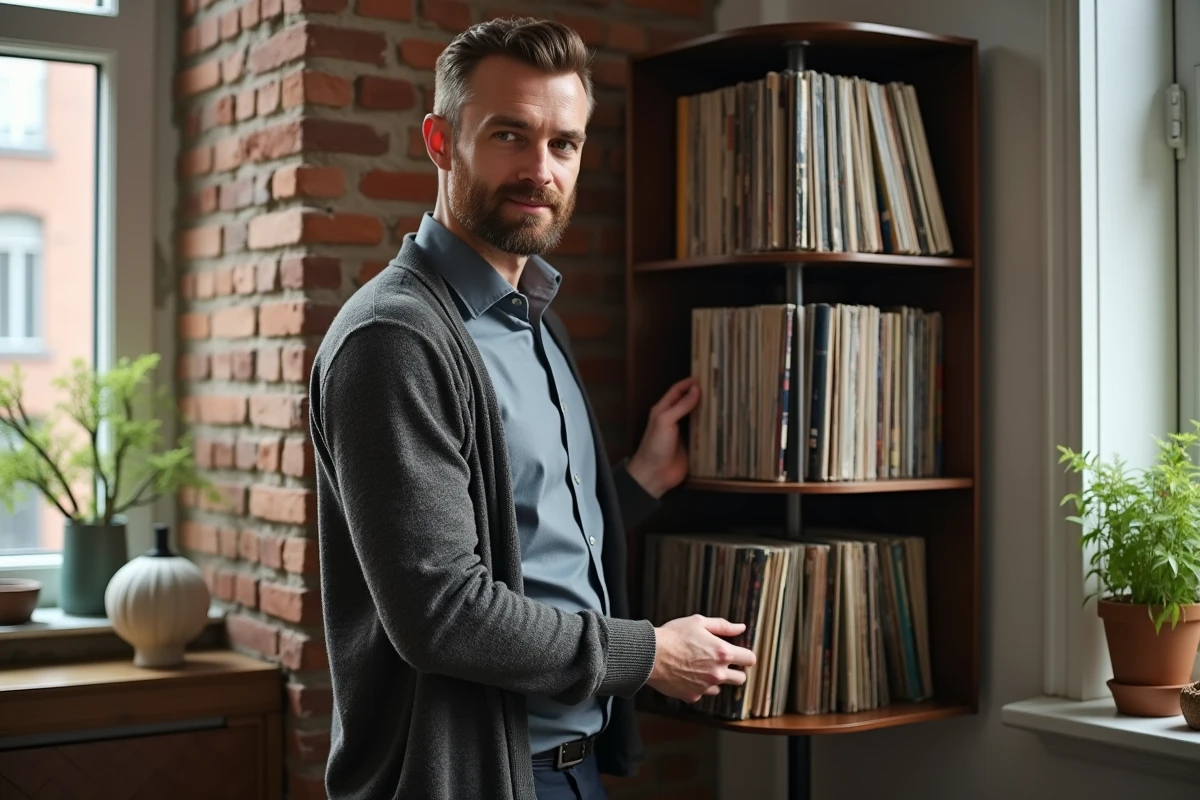 Homme rangeant ses vinyles dans une bibliothèque en coin lumineux