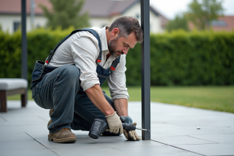 Homme en overalls perçant une terrasse moderne pour fixer une pergola
