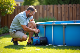 Homme d'âge moyen près d'une piscine gonflable en jardin
