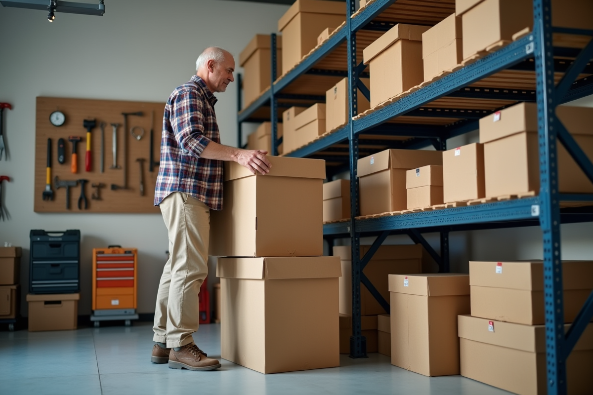 Homme empilant des boîtes dans un garage bien rangé