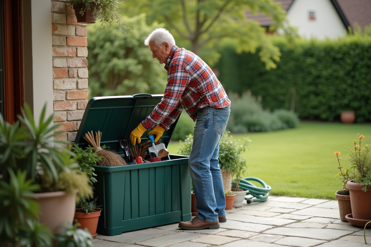 Homme âgé fermant un coffre de rangement de jardinage