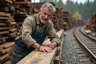 Homme d'âge moyen inspectant des traverses de chemin de fer recyclées
