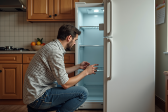 Homme d'âge moyen inspectant un réfrigérateur blanc dans la cuisine