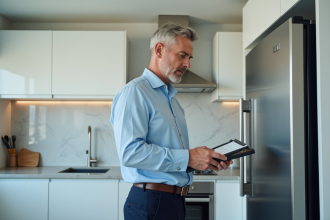 Homme d'âge moyen devant un frigo ouvert dans une cuisine moderne
