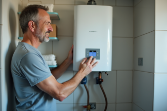 Homme d'âge moyen ajustant un chauffe-eau moderne dans une pièce lumineuse